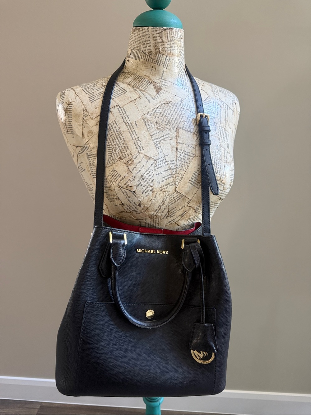 Michael Kors Black Leather Tote with Red Interior and Gold Hardware